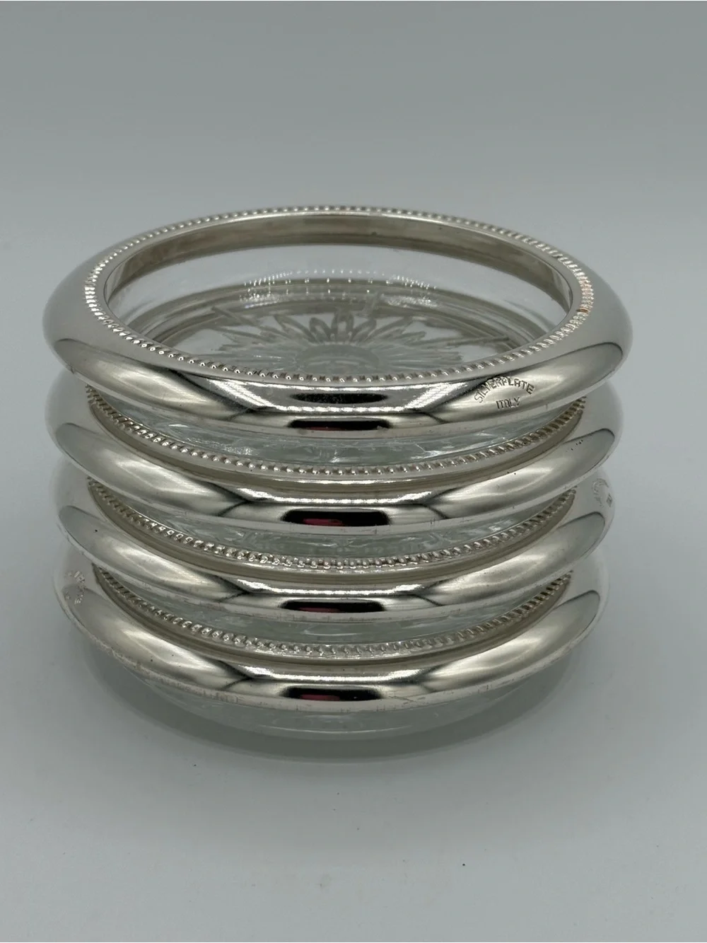 Vintage Italian Silverplate & Cut Glass Wine Coasters Set of 4